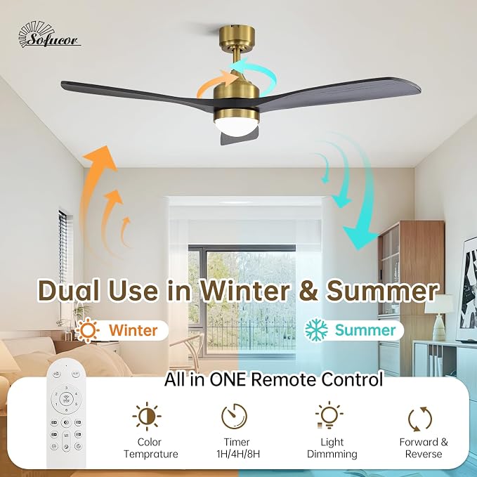 Sofucor 52" Solid Wood Ceiling Fan Lights, Flush Mount & Downrod Mount Ceiling Fan with Lights and Remote, Wood Blades Modern Outdoor Ceiling Fans for Bedroom/Farmhouse/Patio/Indoor