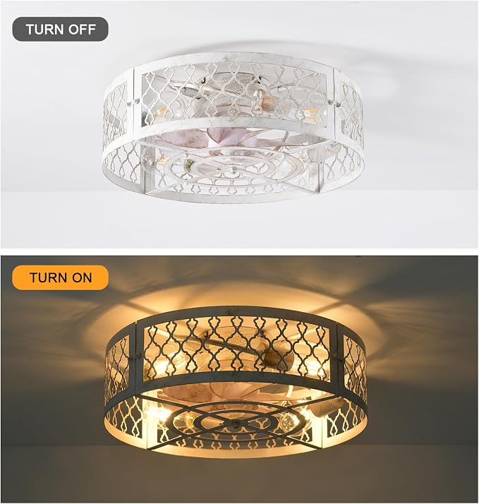 Garwarm Caged Ceiling Fan with Light,20" Flush Mount Ceiling Fan with Remote,Bladeless Low Profile Fandelier Small Ceiling Fans with Lights for Bedroom,Dining Room