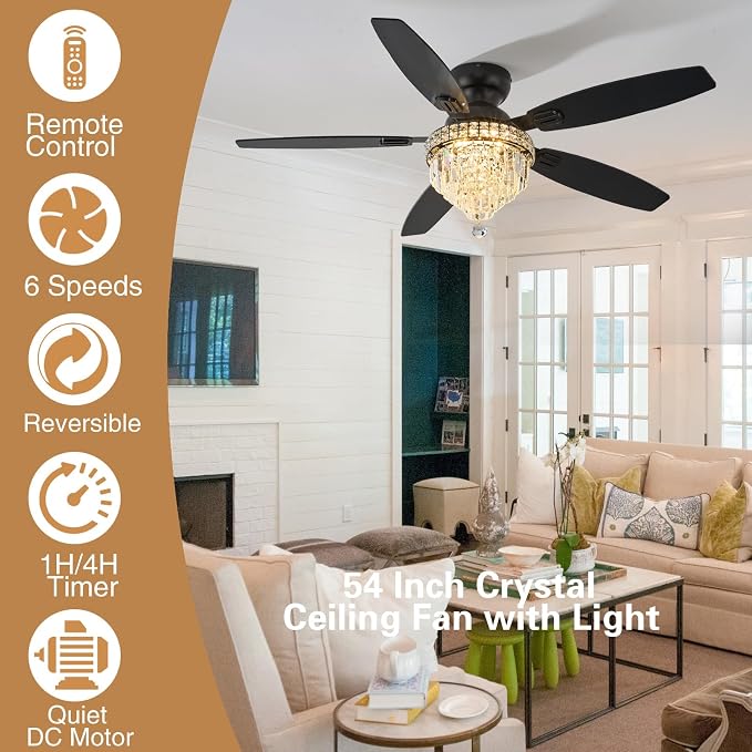 Crystal Ceiling Fan Fandelier with Lights-Ceiling Fans with Lights,54" Low Profile and Remote Control, Flush Mount, Reversible, Dimmable, Noiseless, Black Ceiling Fan for Bedroom