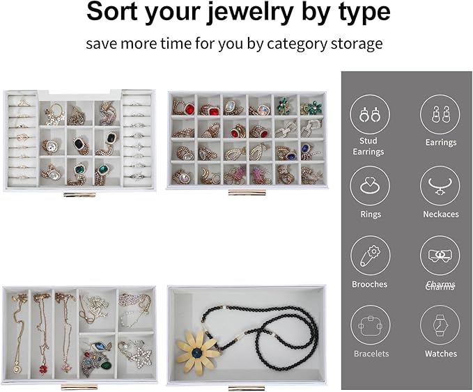 BOOVO Jewelry Boxes for Women, White and Black 6 Layer Large Jewelry Box for Necklace, Bracelet, Earrings, Rings Storage, Jewelry holder Organizer for Girls Gift (Clear White, 4 layer)