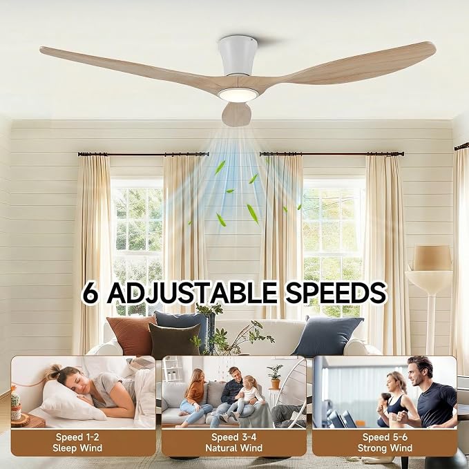 Skylike 52" Flush Mount Wood Ceiling Fan with Lights, 3 Blade Low Profile Rustic Ceiling Fan with Remote Control,Quiet Indoor/Outdoor Light Walnut Ceiling Fan for Patio,Porch, Gazebo, Bedroom