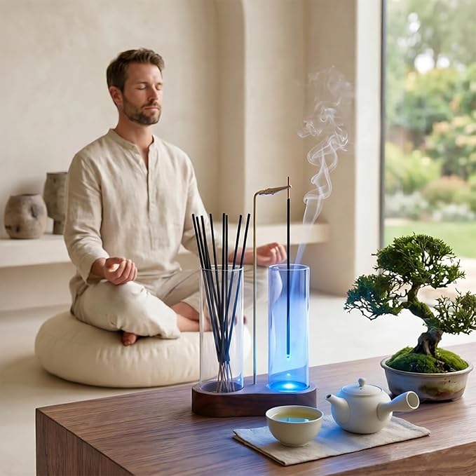 Glass Glowing Incense Holder - Modern Double Tube Incense Stick Burner with Ash Catcher - Aesthetic 2-in-1 Fragrance Display for Palo Santo, Sage & Candles - Zen Decor for Yoga & Meditation