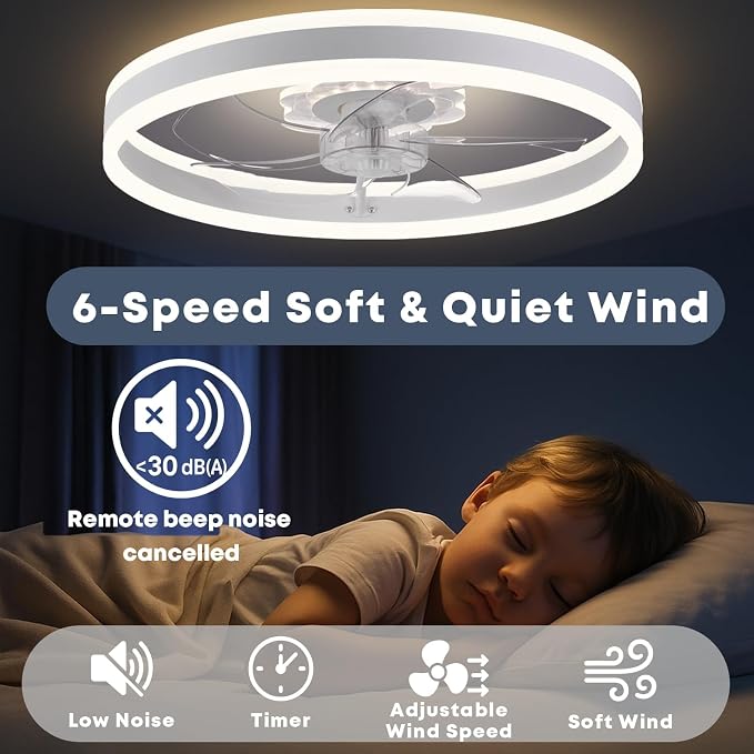 FSZDORJ 24'' Ceiling Fan with Light and Remote, Low Profile Ceiling Fan with Light, Dimmable Flush Mount Ceiling Fan Light, 6 Speeds Fan, App&Remote Control, Fandelier Quiet Fan for Bedroom F105 White