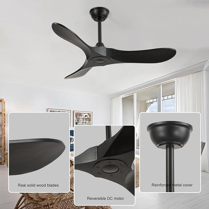 42'' Ceiling Fan no Light,Outdoor Ceiling Fan with Remote Control,3 Solid Wood Blades with Large Airflow for Bedroom,Living Room,Garage(black)