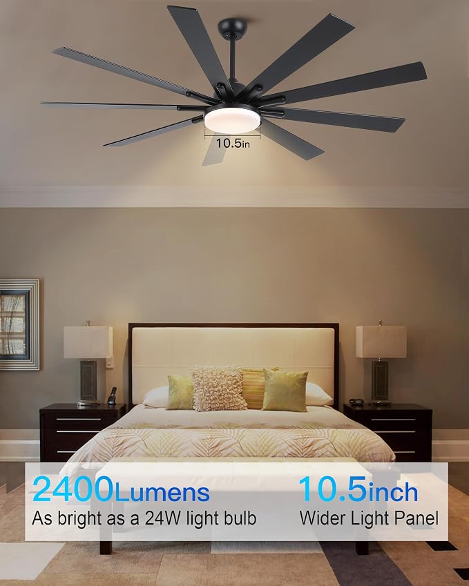 POCHFAN 72 Inch Ceiling Fans with Lights,Large Modern Ceiling fan with Remote and 9 Wooden Blades,Dimmable,6 Speeds,Noiseless Reversible Indoor&Outdoor Fan for Bedroom,Patio,Living Room