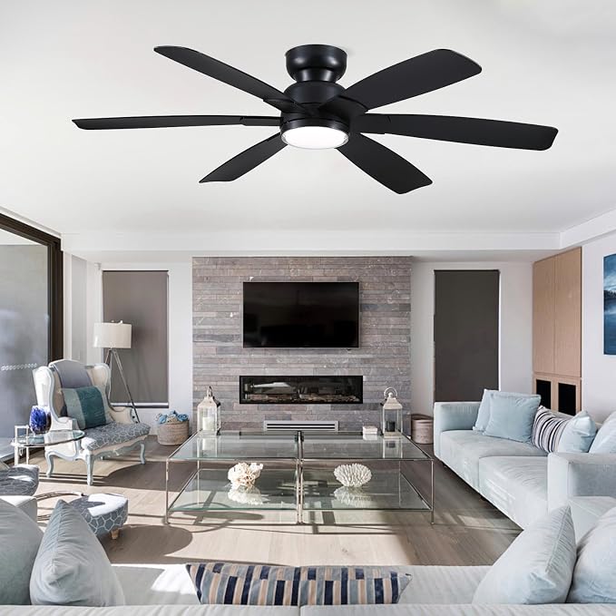 Kviflon 52 Inch Modern Ceiling Fans with Lights Remote Control, Low Profile Flush Mount Ceiling Fan, 6 Reversible Plastic Blades, 6 Speeds 3 CCT Dimmable LED Lights for Bedroom Living Room, Black