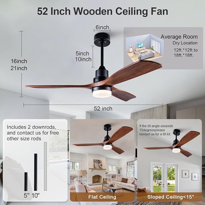 52 Inch Outdoor Ceiling Fans with Lights and Remote Control, Dimmable Outdoor Ceiling Fans for Patios 3 Blade Wood Black Walnut Bedroom Ceiling Fan with Light, Wall Switch