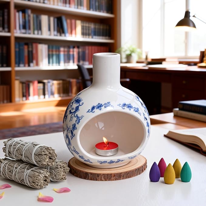Blue and White Porcelain Palo Santo Holder & Ceramic Incense Burner, Handcrafted Mini Chimney with Tree of Life 7 Chakra Stones Pendant, Ash Catcher for Sage & Cones, Yoga Meditation Gift Set