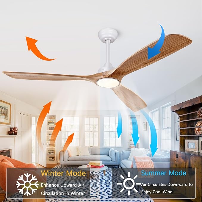 60'' Solid Wood Ceiling Fan Light DC Motor APP Remote 3CCT Dimmable 3 Blade | log-color solid wood blades, pure copper quiet dc inverter motor, remote & app control, 3cct dimmable led light, indoor