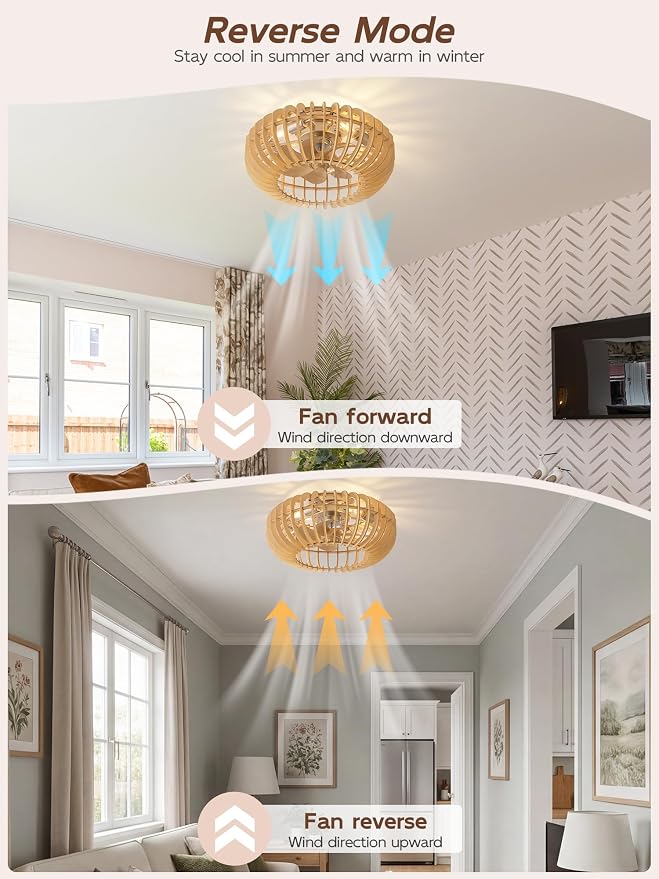 20" Wood Ceiling Fans with Lights Flush Mount, Caged Boho Ceiling Fan with Light Remote Control, Wooden Low Profile for Bedroom, Living Room, Nursery