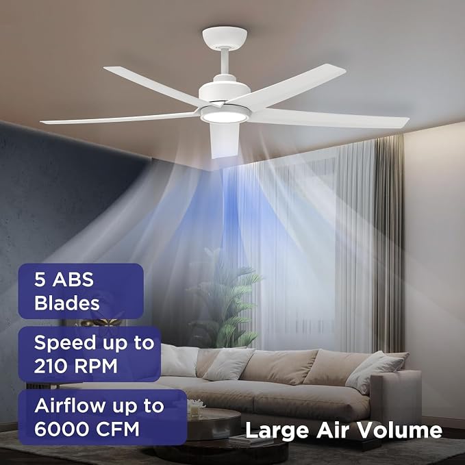 ocioc Ceiling Fans with Lights, 52 inch White Ceiling Fan with Light and Remote Control, 3CCT, Quiet DC Motor, 5 Blades Modern Ceiling Fan for Living Room Indoor/Covered Outdoor