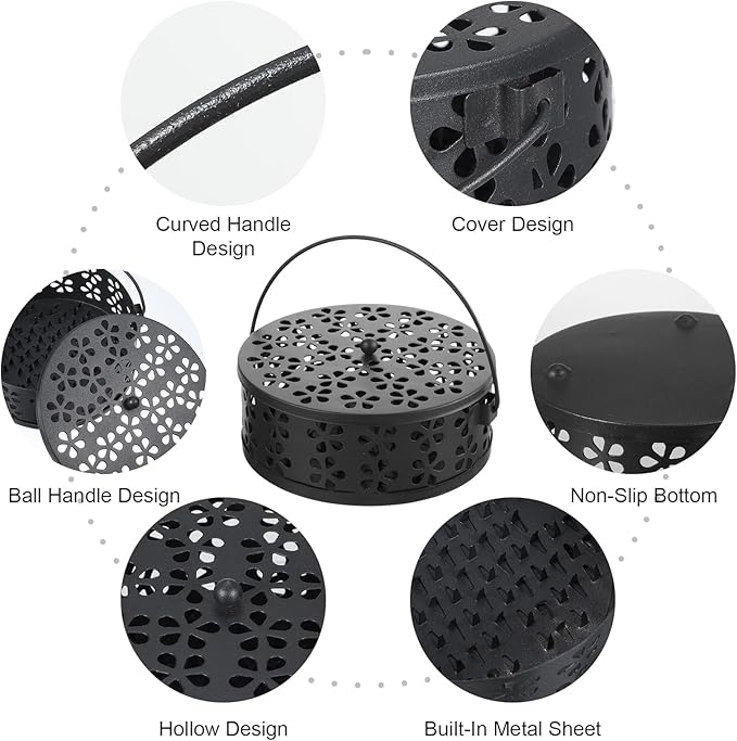4Pcs Mosquito Coil Holder, Coil Incense Holder with Handle Round Heat-Resistant Mosquito Incense Burner for Indoor Outdoor Hanging Camping Patio (Black)