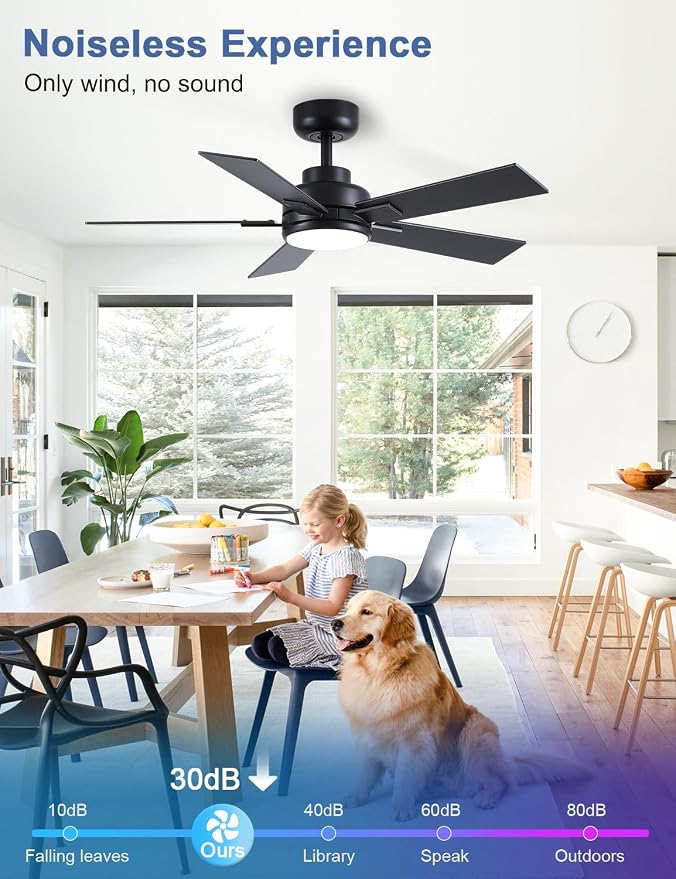 Modern Ceiling Fans with Lights - 42 inch Black Outdoor Ceiling Fan with Light and Remote, Reversible DC Motor, 6-Speed Quiet 3CCT LED Dimmable for Bedroom, Indoor and Outdoor, Patios, ETL Listed