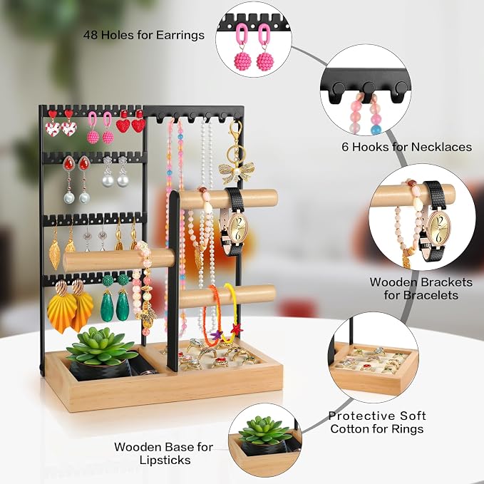 Godboat Jewelry Stand - 48 Holes Earring Holder, 4-Tier Necklace Organizer | 6 Hooks Jewelry Organizers and Storage, Bracelet Ring Rack with Wood Box, Preppy Gift Room Decor for Teen Girls Women, Black
