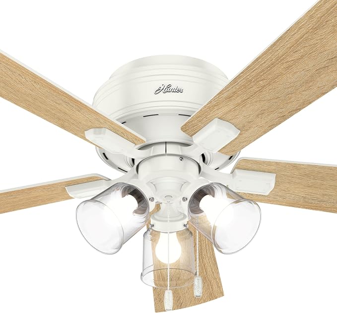 Hunter 52 inch Indoor Ceiling Fan with LED Lights and Pull Chain - Low Profile Flush Mount White Ceiling Fan, 5 Blades, For Bedroom, Living Room, or Kitchen, Quiet - Crestfield 54207, Fresh White