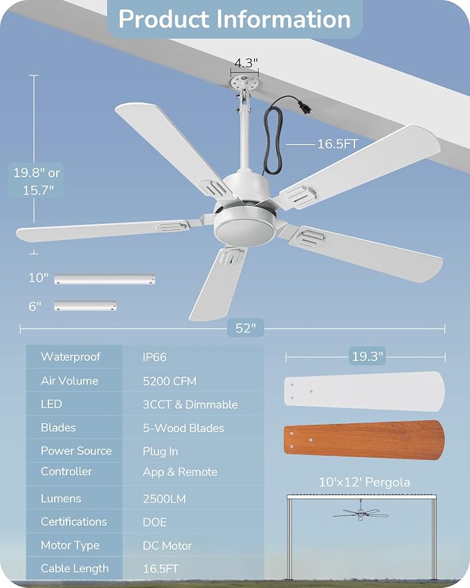 EDISHINE 52" Outdoor Ceiling Fan with Light, IP66 Waterproof Gazebo Hanging Fan, 5200 CFM, 3CCT, APP/Remote Control, 5 Wood Blade, 6-Speed Winds, Plug in Ceiling Fans for Patios Porch Pergola, White