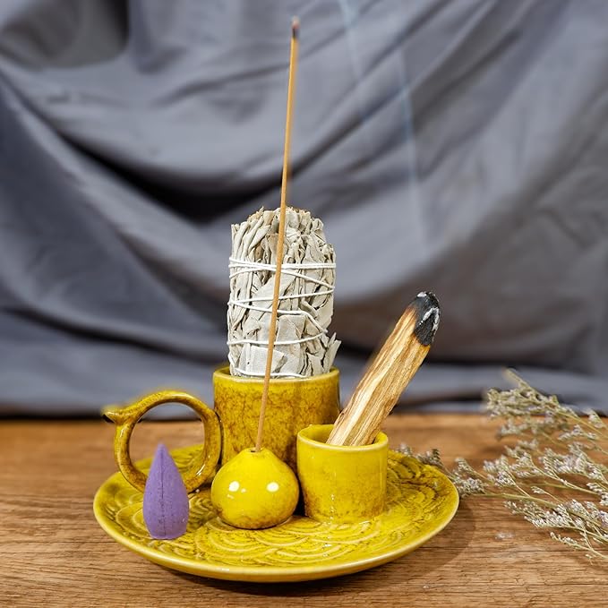 MOUGIGI 5.1-Inch 5-in-1 Yellow Ceramic Incense Holder - Fits Palo Santo, Sage, Incense Sticks/Cones, Small Candle, Smudge Burning Tray.Zen Altar for Meditation/Yoga, Aromatic Scents, Matches Friendly