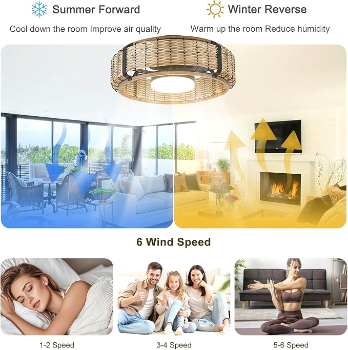 Ganeed 20" Bamboo LED Dimmable Ceiling Fan with Light and Remote Control, Boho Rattan Caged Ceiling Fans with Lights 6 Speed/Timer/RGB Flush Mount Fandelier for Kitchen Living Room Indoor Bedroom