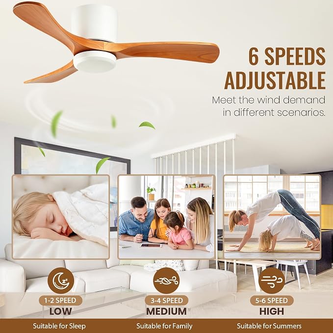 GESUM 42 Inch Wood Ceiling Fan without Light | Flush Mount, Remote Control, 3 Blade 6-Speed Reversible DC Motor, Noiseless Timer, For Bedroom Living Room Patio Porch