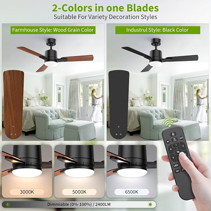42 Inch Ceiling Fans with Lights, Low Profile Ceiling Fan with Light and Remote Control,10 Min Quick Installation,Reversible,3CCT Dimmable,Quiet,Black Small Ceiling Fan for Bedroom Indoor/Outdoor
