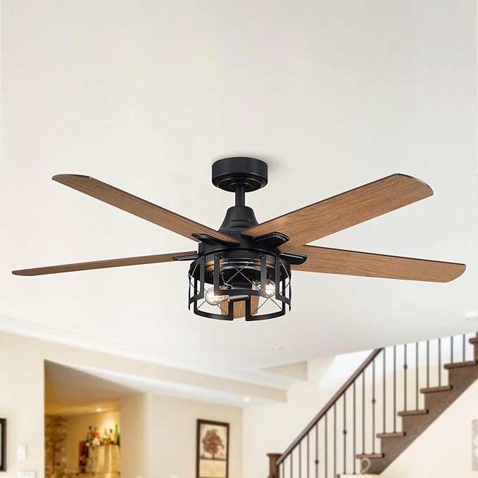 52 Inch Industrial Farmhouse Ceiling Fans with Lights and Remote Control, Quiet Reversible Motor & 5 Dual-Finish Blades, Indoor/Outdoor Ceiling Fan for Living Room Bedroom