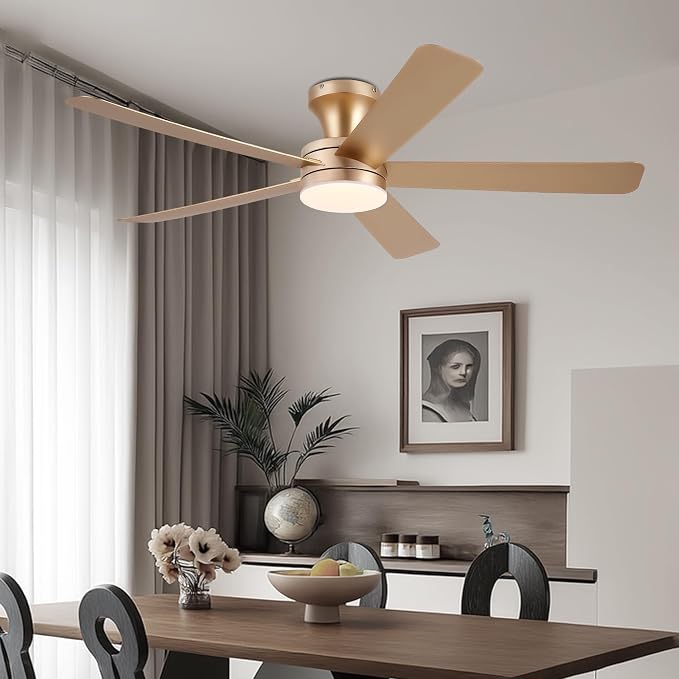 Ayaoty 46" Ceiling Fans with Lights and Remote - Flush Mount Ceiling Fan Light with ABS Blades and 3CCT Dimmable, Reversible, Low Profile Fan Light for Indoor Modern Bedroom, Kitchen Gold
