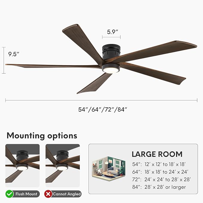 EKIZNSN 84 Inch Outdoor Low Profile Flush Mount Ceiling Fans with Lights and Remote Control for Patios, 6-Gear Speed, 110V Noiseless Reversible DC Motor (Black Finish with Walnut Blades)