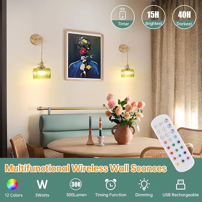 Shenmoyl Battery Operated Wall Sconce with Green Striped Shade Pattern Glass Adjustable Chain Retro Gold Wall Mounted Light, Modern Wall Decor for Bedside Bedroom Indoor Doorway， Set of 2