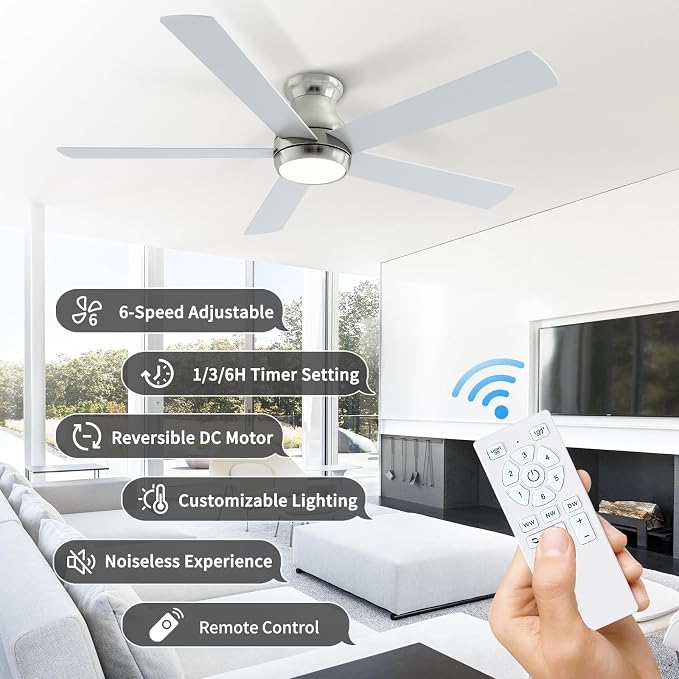 POCHFAN 60 Inch Brushed Nickel Ceiling Fans with Lights and Remote, LED Low Profile Flush Mount Ceiling Fan for Bedroom, Living Room, Quiet DC Motor, Dimmable 6 Speeds