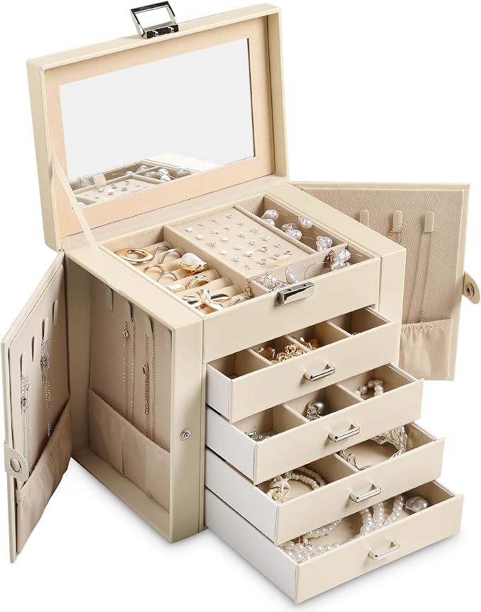 Frebeauty 5-Layer Jewelry Box for Women,Jewelry Organizer with 4 Drawers | Faux Leather,Built-in Mirror,Spacious Jewelry Storage,16 Necklace Hooks,Organizing by Category for Rings Earrings Bracelet