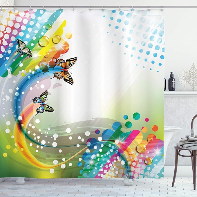 Ambesonne Colorful Shower Curtain, Trippy Flying Butterflies with Colored Comet Bubbles Creative Design, Cloth Fabric Bathroom Decor Set with Hooks, 69" W x 70" L, Multicolor Off White