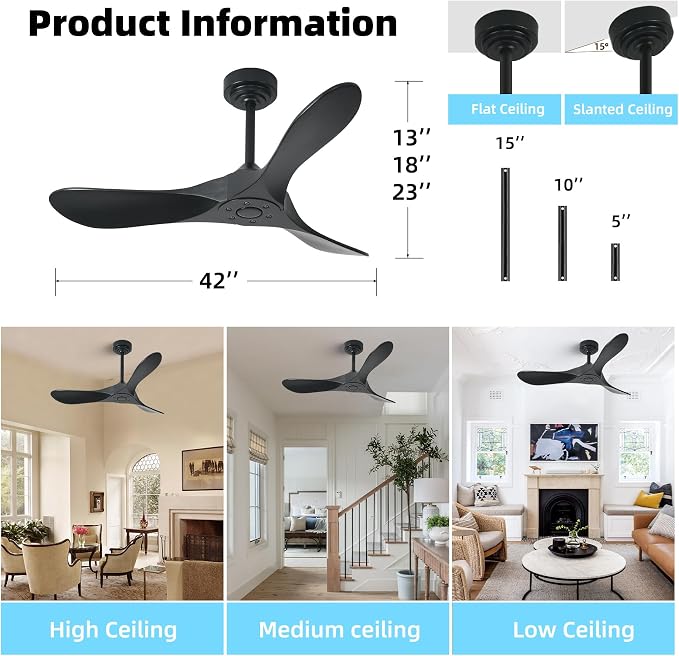 Outdoor Ceiling Fan Without Light, 42Inch Smart Ceiling Fan with Remote & Voice Control for Compatible with Alexa/Google, 3-Blade Solid Wood Fan, Quiet DC Motor, 6 Speeds for Patio, Farmhouse
