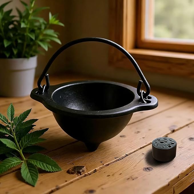 Cast Iron Incense Burner with Travelling Case, 3 Inch Cauldron with Handle and Stick Holder for Smudging, Ritual, Candle, Vintage Home Decor