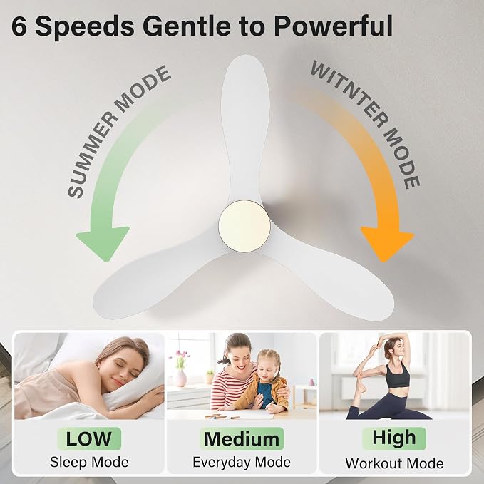 42" Wood Ceiling Fans with Lights Remote,Smart Control via Voice Alexa App,Quiet DC Motor,Flush Mount Hugger Modern Ceiling Fan for Low Profile Bedroom,Patio,Porch,Outdoor Indoor,Dim LED,3 Blade,White