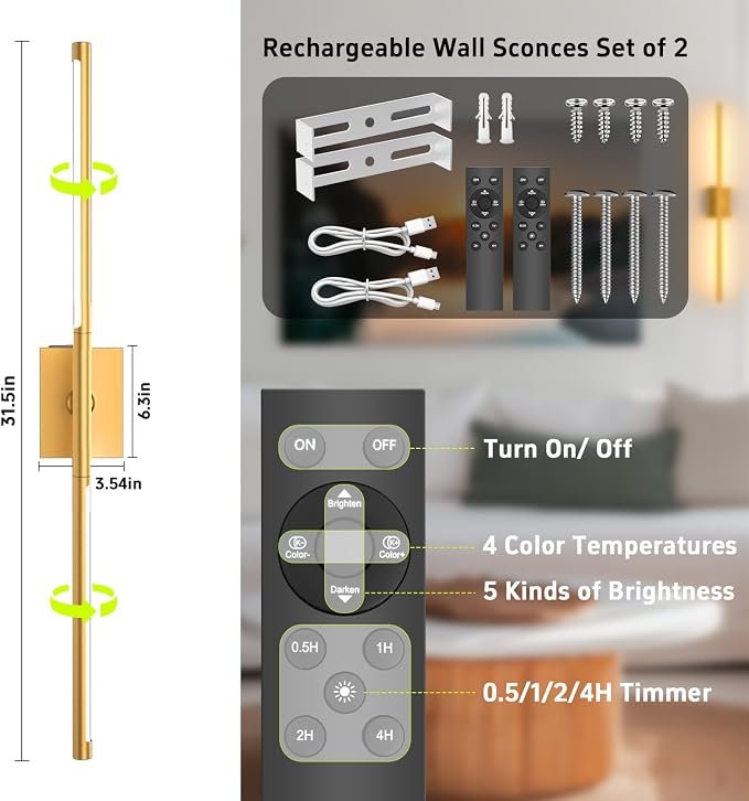 iThird 1 Pack Battery Operated Wall Sconce, Wireless Battery Wall Sconce with Remote Control, Gold LED Rechargeable Sconces, 31.5 Inch Modern Cordless Wall Lights for Bedroom Living Room Picture