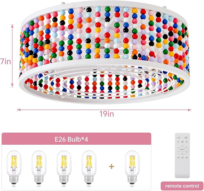 Ceiling Fans with Lights and Remote - Bulbs Included, Caged Fandelier with Handcrafted Beaded Décor 19 inches Reversible Flush Mount Installation Ceiling Fan, Colorful