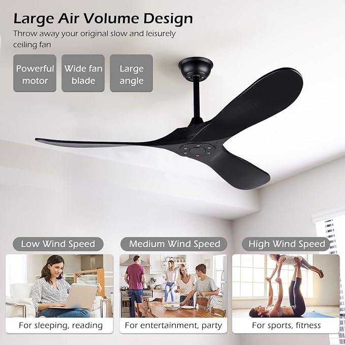 52 Inch Black Ceiling Fan No Light ，Wood Outdoor Ceiling Fans for Patios 3 Blade Propeller Reversible Modern Ceiling Fan Without Light for Living Room Bedroom with Remote