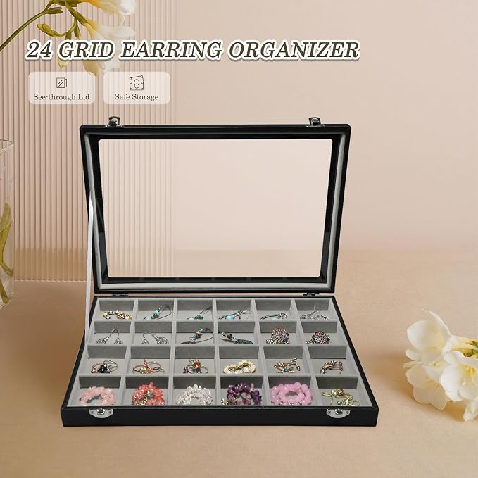Stratalife 24 Grid Earring Organizer, Jewelry Holder Organizer with Lid | PU Leather Storage Box for Earring, Ring, Studs and Trinkets, Soft Velvet Drawer Organizer for Women, Dustproof, Gray Black