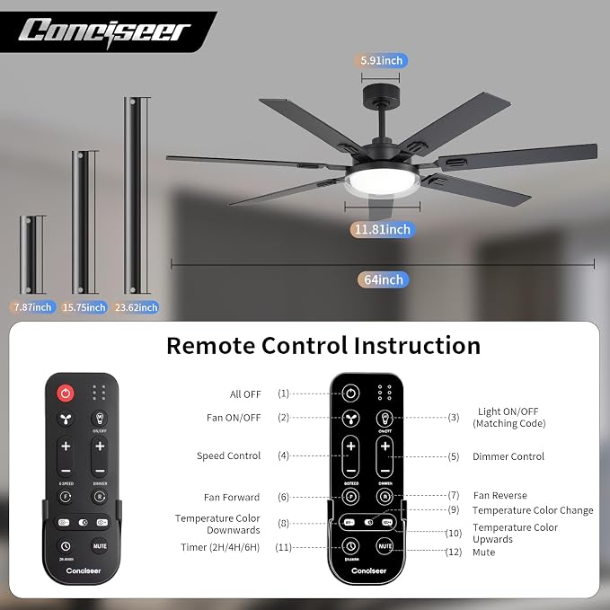 64 Inch Ceiling Fans with Lights and Remote,Living Room Office Library Cafe Outdoor, 5CCT Dimmable, Dual Color 7 Blades, 6 Speed Reversible Quiet DC Motor, Dual-Layer Shade, Black/Wood Grain