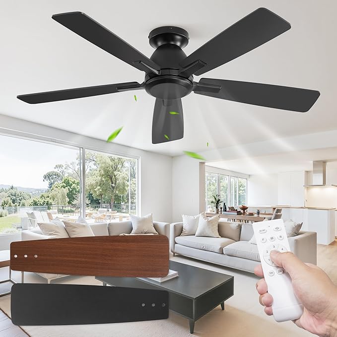 Fanbulous 46 Inch Flush Mount Ceiling Fan No Light with Remote, Black | Modern Low Profile Without Light, 6-Speed, Quiet Reversible DC Motor, Indoor/Outdoor Use, for Bedroom, Living Room, Patio