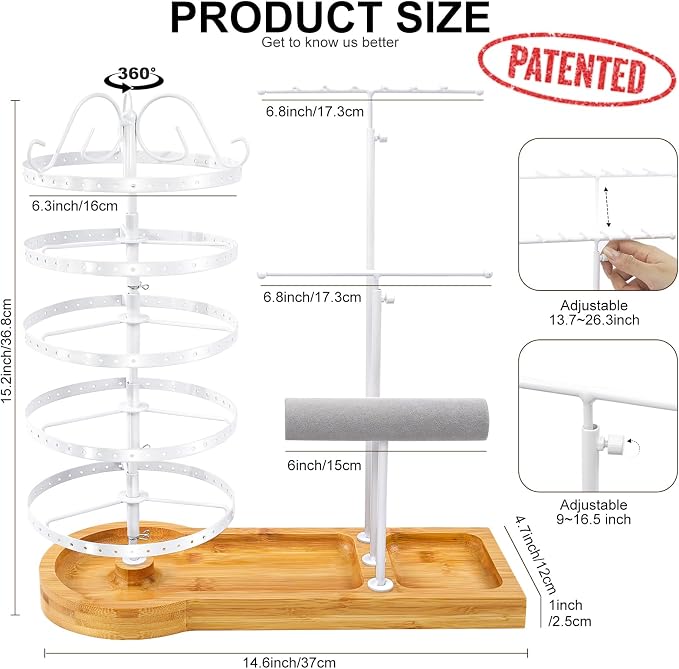Jewelry Organizer Stand with Bamboo Base, Metal Rotating Earring Holder Organizer, Multi-Functional Adjustable Necklace Rack Holder Bracelet Watch Holder for Jewelry Earrings Ring