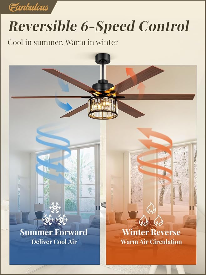 Fanbulous 65 Inch Farmhouse Crystal Ceiling Fan with Lights and Remote, Chandelier Ceiling Fan with Quiet Reversible DC Motor, Wood Blades - Ideal for Bedroom