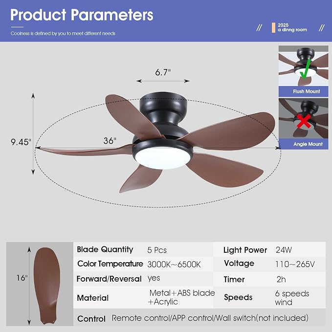 Kviflon 36 Inch Modern Ceiling Fans with Lights, Small Flush Mount Ceiling Fan with Light and Remote/APP Control, 5 Reversible 6 Speeds Curved Blades, 3 CCT Dimmable Lights for Kids Room, Brown