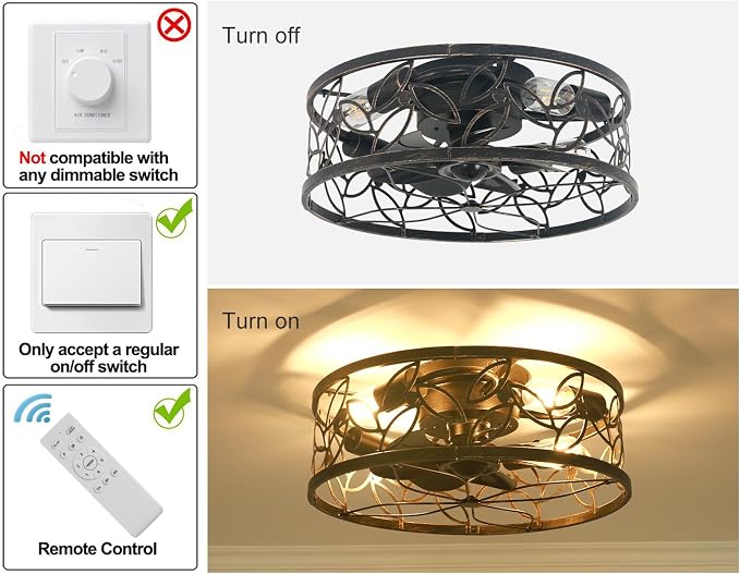 Garwarm Caged Ceiling Fan with Light,18in Rustic Industrial Ceiling Fans with Lights and Remote,Bladeless Fandelier Ceiling Fan,Small Flush Mount Ceiling Fan for Kitchen,Bedroom(6 Speed,Timing)-Bronze