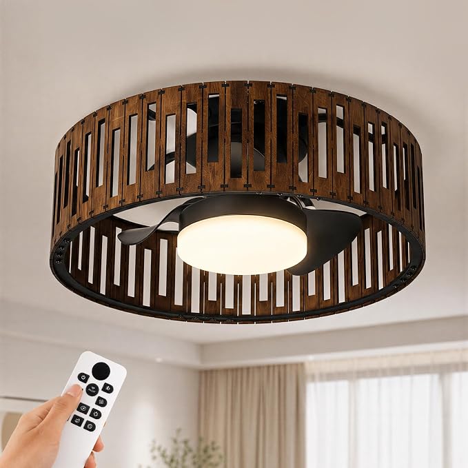 Ceiling Fans with Lights and Remote,20inch Low Profile Flush Mount Ceiling Fan 3000–6000K Dimmable LED Fandelier Bladeless Wood Fan Light for Bedroom Kitchen Living Room Diningroom Foyer Nursery
