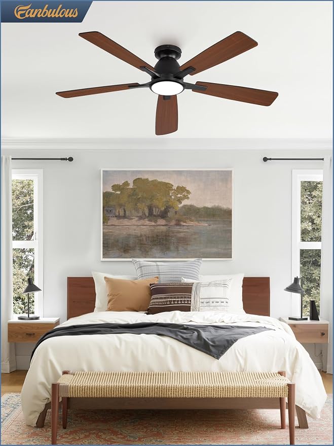 Fanbulous 52 Inch Flush Mount Ceiling Fan with Light, Remote & App, Black | 3CCT 20W LED, 6-Speed Quiet Reversible Motor, Modern Low Profile Flush Mount, Ideal for Bedroom/Living Room/Kitchen.