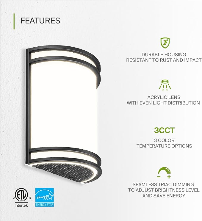 ASD Indoor LED Wall Sconce Lights - 10 Inch 15W Black Modern LED Wall Sconces Hardwired - ETL Dimmable 3000K 4000K 5000K Adjustable Sconce Light Fixture for Bedroom, Hallway