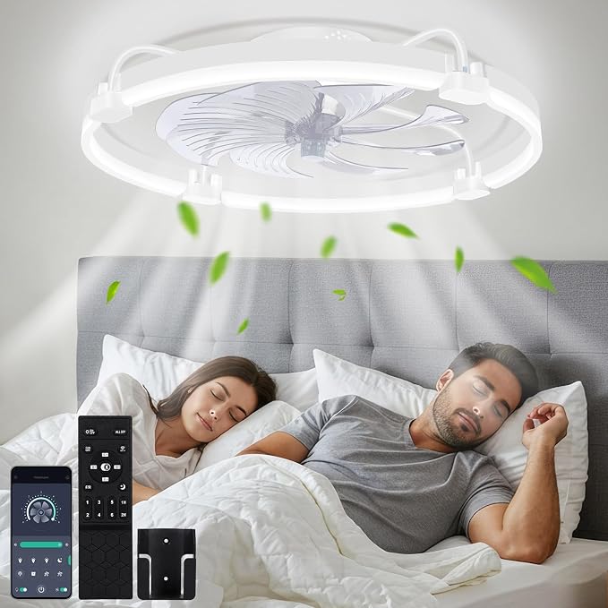 OUTON 24" Ceiling Fan with Light, Remote & App Control, Fandelier Low Profile Flush Mount Ceiling Fan with 3000K-6500K Stepless Dimmable, 6 Speed, Quiet DC Motor, Modern Ceiling Fans for Bedroom White