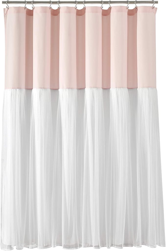 Lush Decor Tulle Skirt Colorblock Shower Curtain Single 72" W x 72" L Blush & White - Fabric Shower Curtains for Bathroom - Cute Bathroom Curtain (Pack of 6)