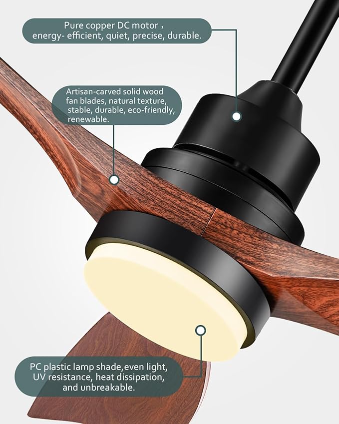 60 Inch Ceiling Fans with Lights, Outdoor Ceiling Fan for Patios with Light and Remote, 3 Downrods, ETL Listed, 3 Blades Solid Wood Ceiling Fan Reversible Quiet Dc Motor For Indoor Bedroom,60in,Walnut
